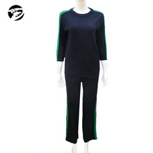 Autumn Crew Neck Collar Stripe Casual Woman 2 piece Sweater Set Women Sweaters Pants Set